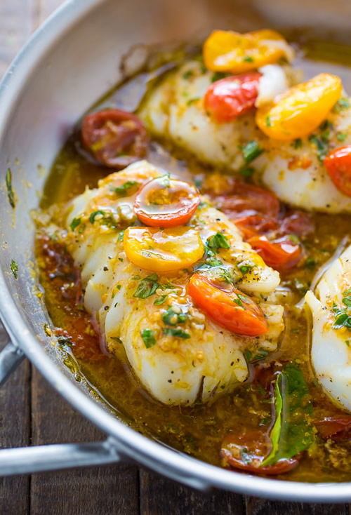Pan Seared Cod In White Wine Tomato Basil Sauce Recipe